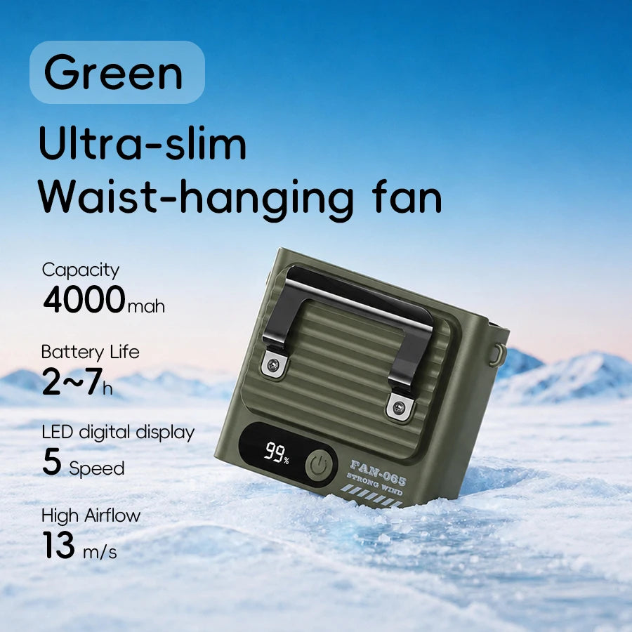 Multi-functional Waist Hanging Fan 4000mAh  Mini Cooling Fan Five Speed Outdoor Portable Rechargeable Fan with Digital Display