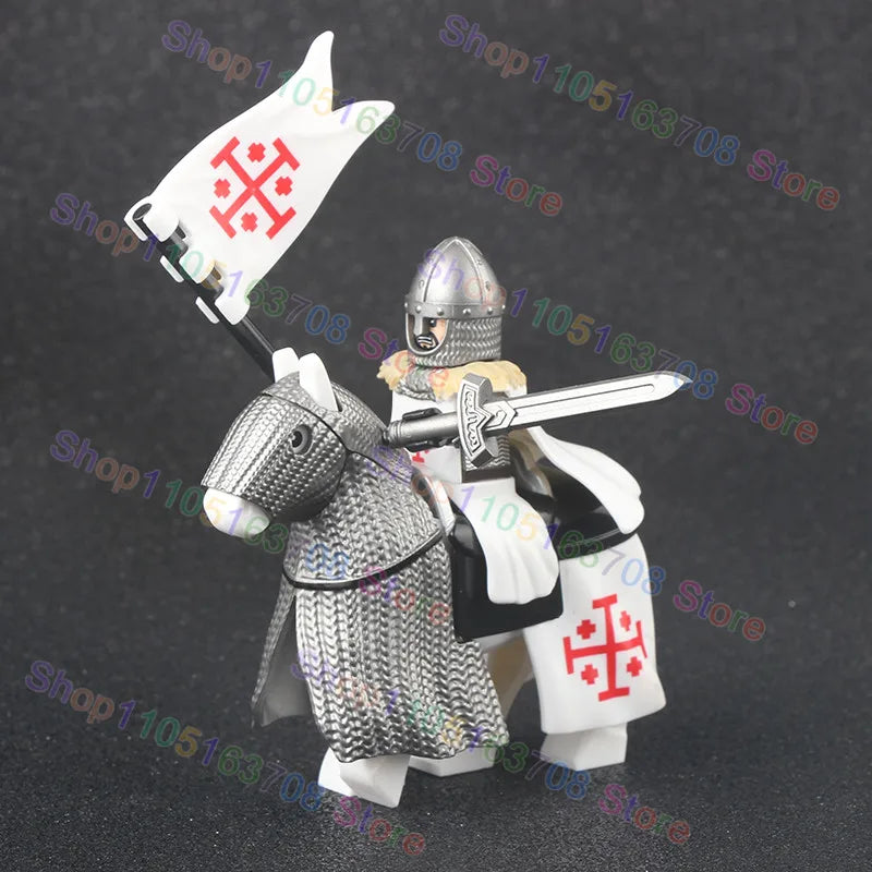 MOC Medieval Military Crusader Knight Building Blocks Castle Army Soldier Figure Horse Mount Shield Sword Accessories Bricks Toy