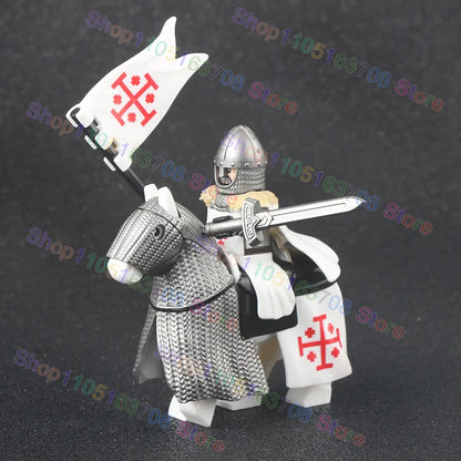MOC Medieval Military Crusader Knight Building Blocks Castle Army Soldier Figure Horse Mount Shield Sword Accessories Bricks Toy
