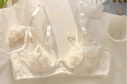 YUQI Kawaii Lace Bralette Set Japanese Floral Mesh Underwear Summer Ultra-Thin Lace-Up Cutout Romantic Bra 2024 New Kawaii set