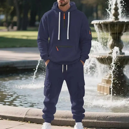 Men's Fleece Hooded Sweatshirt Set Trendy Solid Color Autumn Winter Sports Leisure European American Style 2025