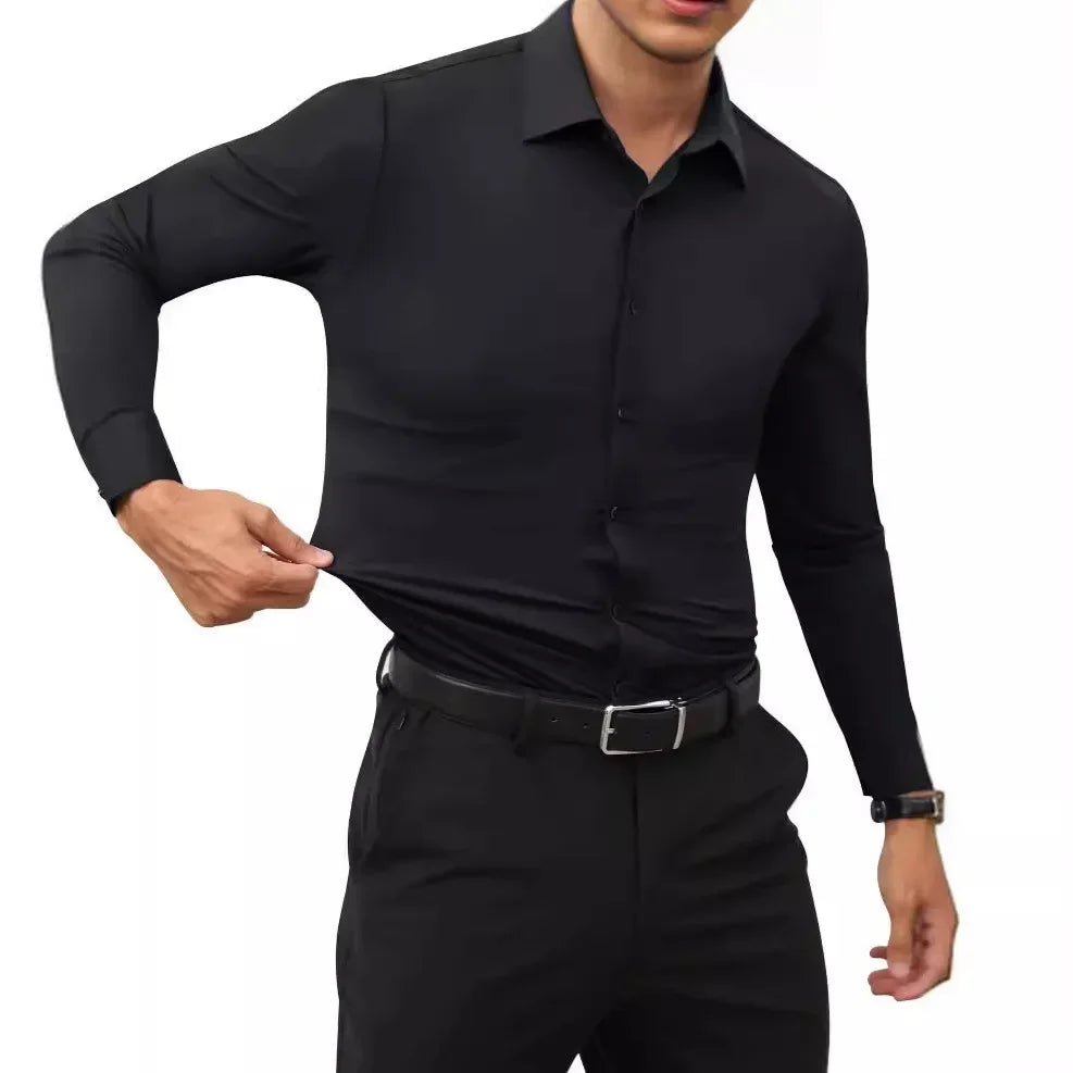 50-130KG non-ironing four-sided elastic men's shirt fashion business dress casual men's long-sleeved solid color shirt