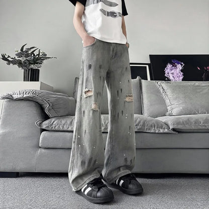 Original Retro Vintage Washed Distressed Men's Jeans American Street Style Casual Trendy Loose Fit Men's Pants Denim Urban