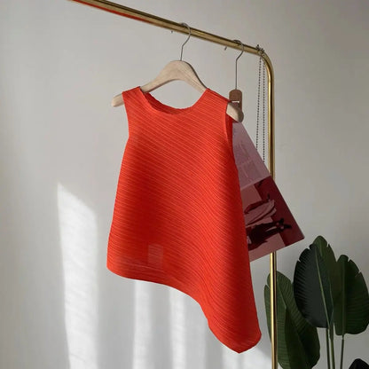 Unique Folded Design Sleeveless Top Set for Small Women Elegant Suitable Travel Wear Polyester Summer T-Shirt round Neck High...