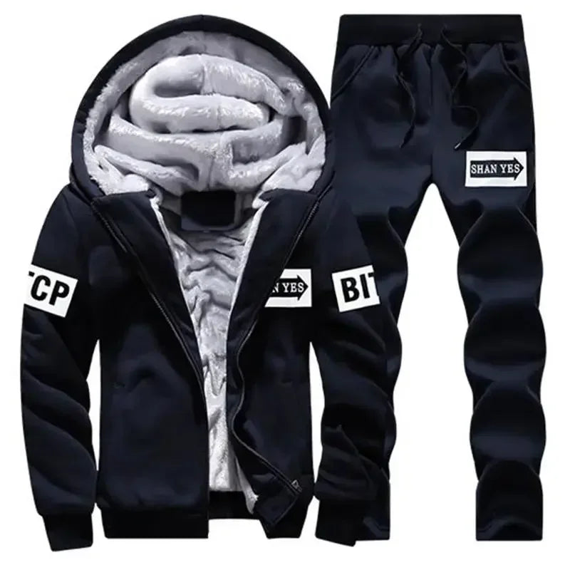 Winter Men Set Casual Warm Thick Hooded Jacket+Pants 2PC Sets Men Inner Fleece Hoodies Zipper Tracksuit Male Sports Suit Outwear