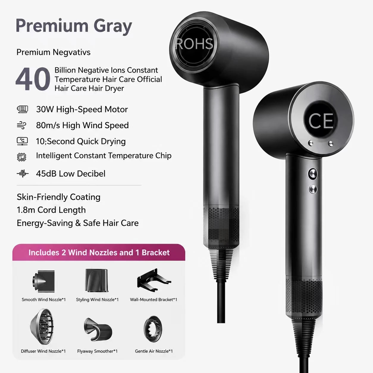 High Speed Hair Dryer 40M Negative Ions Constant Temp Fast Drying Low Noise Professional Salon Blow Dryer with Nozzles