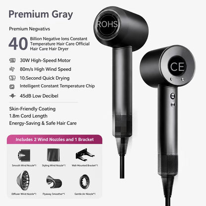 High Speed Hair Dryer 40M Negative Ions Constant Temp Fast Drying Low Noise Professional Salon Blow Dryer with Nozzles