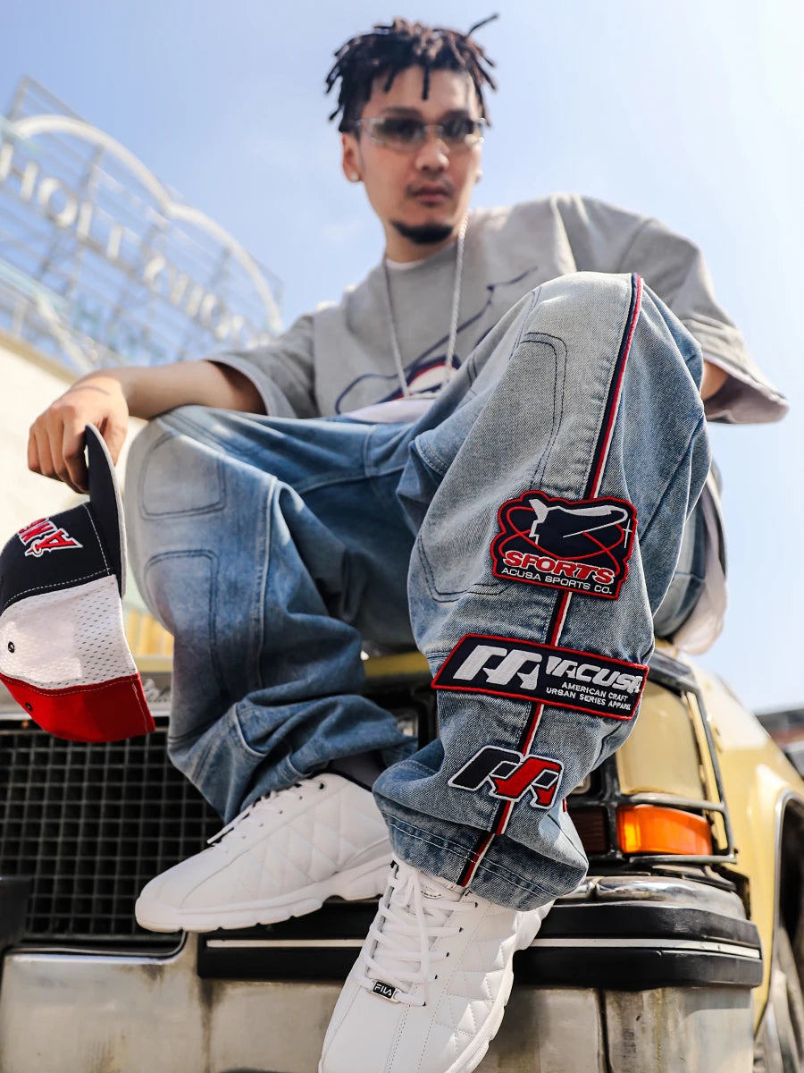 ACUSA Jeans Stacked Embroidered Washed Denim Jeans 633 Version Letter Stitching 3D Patchwork Men's Loose Straight Leg Jeans