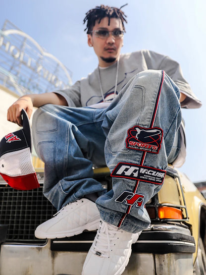 ACUSA Jeans Stacked Embroidered Washed Denim Jeans 633 Version Letter Stitching 3D Patchwork Men's Loose Straight Leg Jeans