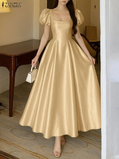 ZANZEA Elegant Chic Women Satin Wedding Guest Party Long Dresses Square Neck Short Puff Sleeve Fitted Waist A-Line Dress S-3XL