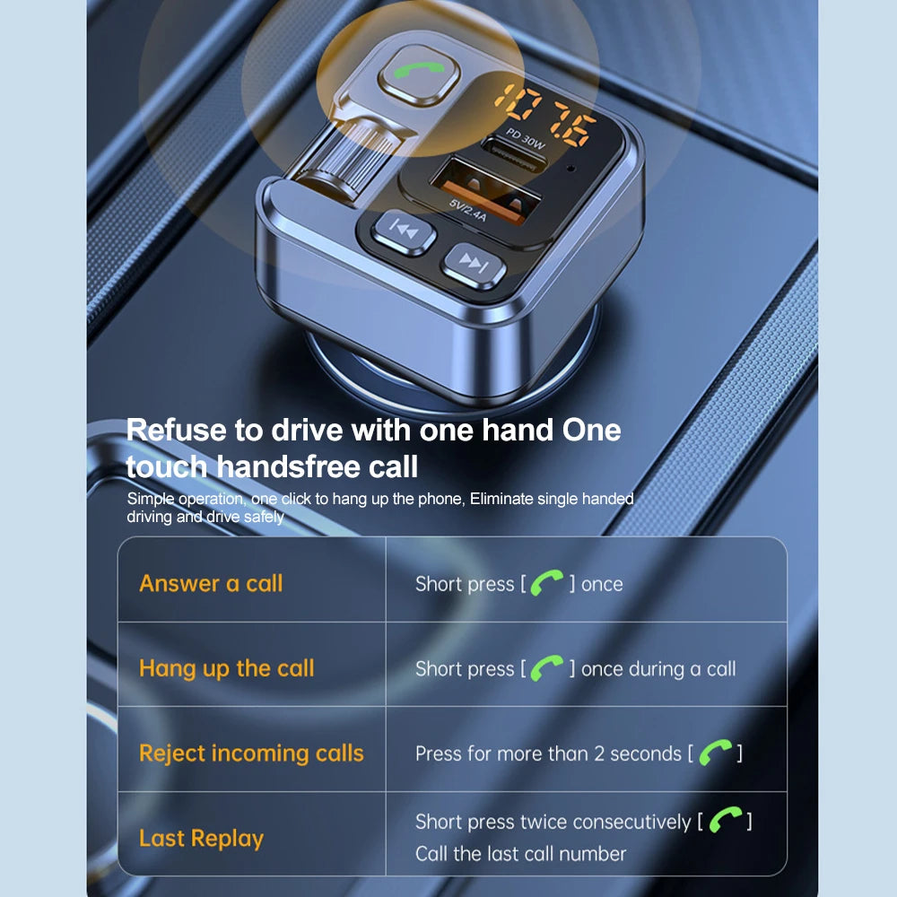 All-in-One Car Bluetooth Adapter - PD20W Fast Charger, USB U Disk Reader, Digital Display & FM Transmitter for Phones