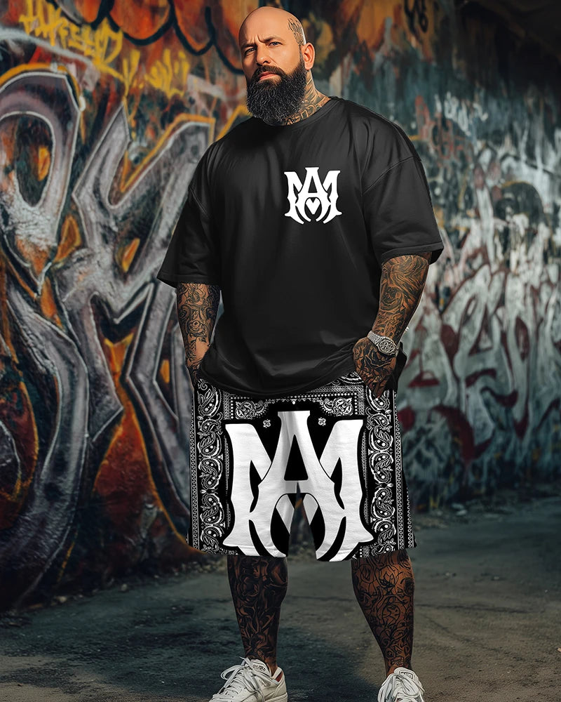 9XL Plus Size Men's AK47 Street Print T-Shirt & Shorts 2-Piece Set Soft Breathable Urban Streetwear Outfit