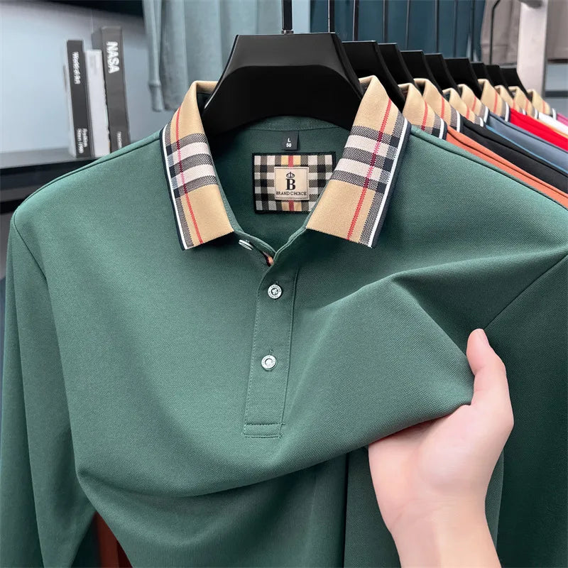 Fashion silk cotton long sleeve polo shirt men's autumn luxury brand simple comfortable new business and leisure lapel T-shirt