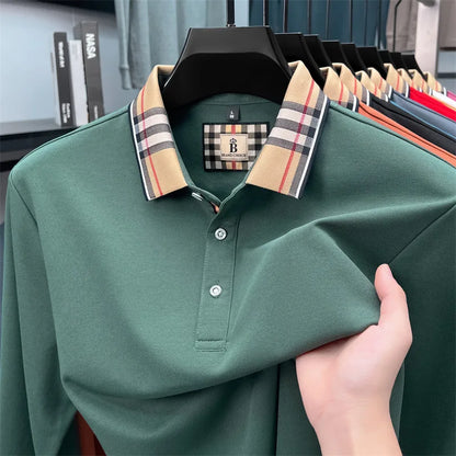 Fashion silk cotton long sleeve polo shirt men's autumn luxury brand simple comfortable new business and leisure lapel T-shirt