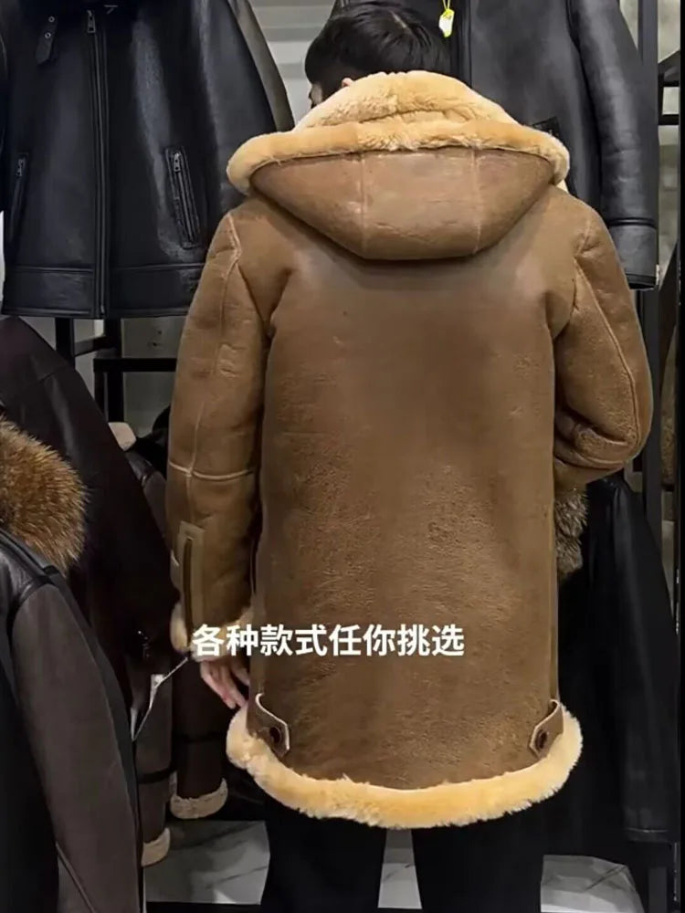 2024 Men's Winter Overcoat Genuine Sheepskin Shearling Leather Long Jacket for Male witth a Hood Thick Wool Liner Oversize 62 64