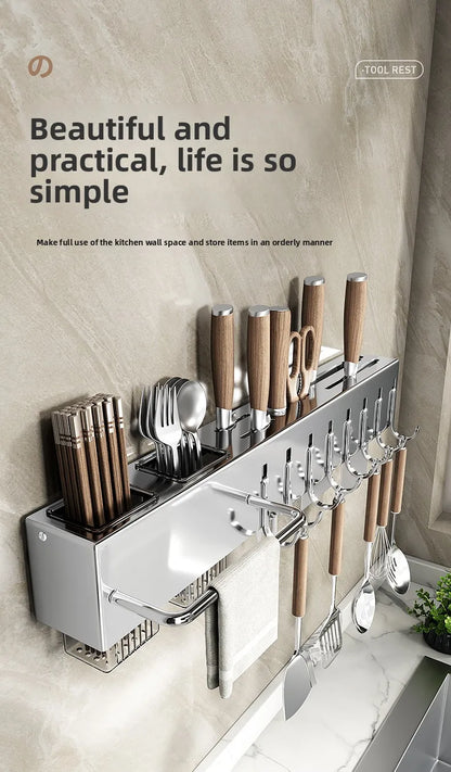 Stainless Steel Kitchen Knife Holder Wall Mounted No Drilling Multi-Function Chopsticks And Kitchen Knife Storage Rack