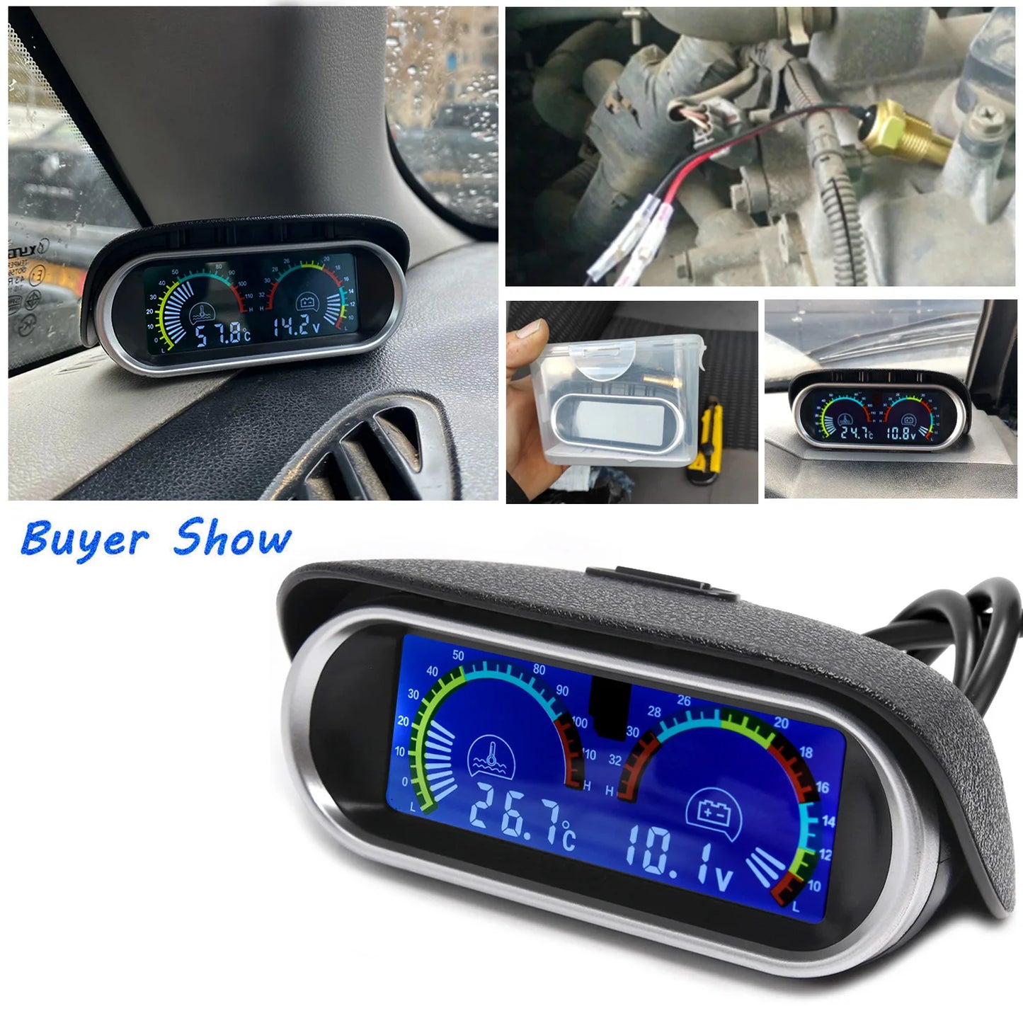 12V 24V Digital Water Temperature Gauge + Volt Water Temperature Sensor Head Plug Joint Pipe Sensor Radiator Hose Adapter 1/8NPT