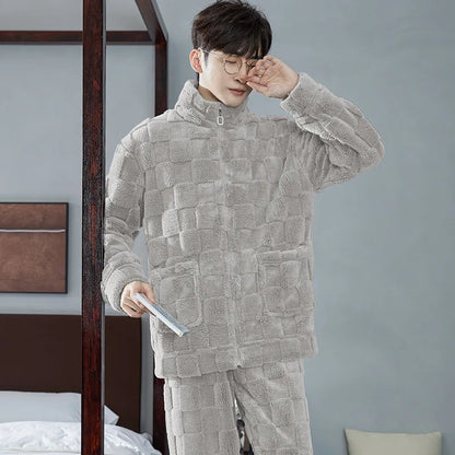 2025 New Couple Sleepwear Men's Autumn Winter Stand Collar Zipper Thick Long Sleeve Coral Fleece Home Clothes Men's Pyjamas