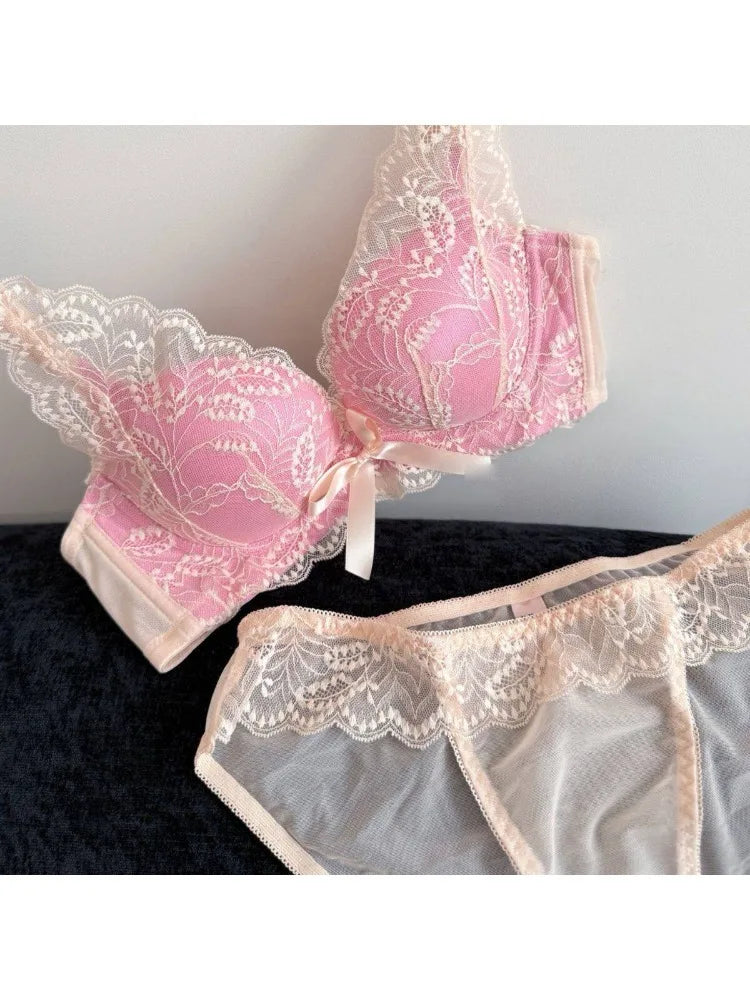 Top Selling Womens Wireless Bra Set French Lace Bow Contrast Color Push Up Thick Padded No Gap Everyday Lingerie For Small Chest