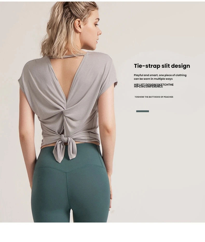 Women's Split Side Yoga Top Sexy Open Back Fitness T-shirt Loose Fit Workout Tee Running Sports Cover Gym Wear Woman clothing