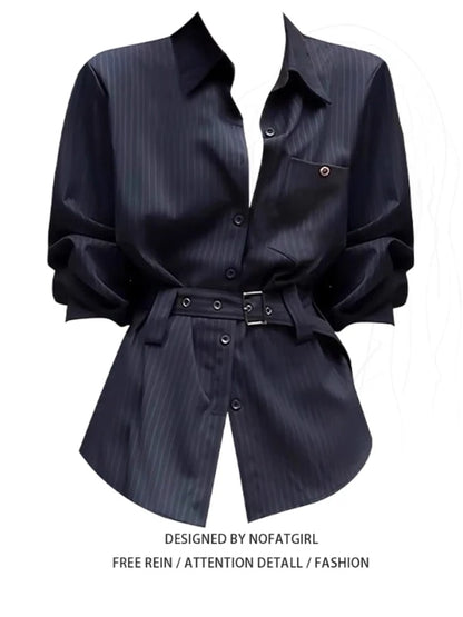 plus Size Women's Retro Striped Shirt Loose Fit Long Sleeve Comfortable Breathable Korean Style Office Wear Autumn New Design