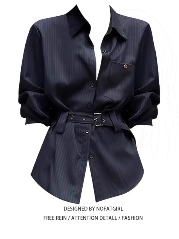 plus Size Women's Retro Striped Shirt Loose Fit Long Sleeve Comfortable Breathable Korean Style Office Wear Autumn New Design