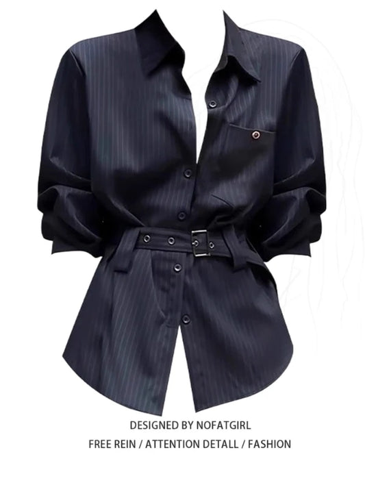 plus Size Women's Retro Striped Shirt Loose Fit Long Sleeve Comfortable Breathable Korean Style Office Wear Autumn New Design