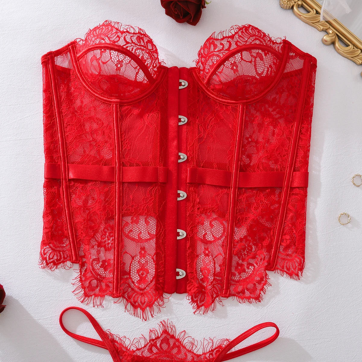 2025 Women's Eyelash Lace Perspective Low cut Fishbone Body Shaping and Slimming Sexy Underwear Two Piece Set