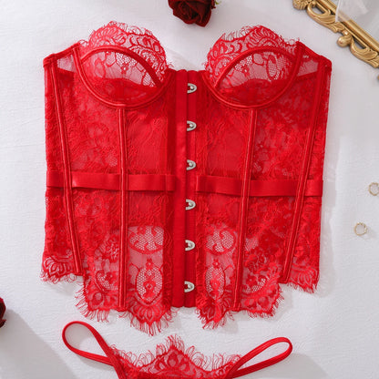 2025 Women's Eyelash Lace Perspective Low cut Fishbone Body Shaping and Slimming Sexy Underwear Two Piece Set