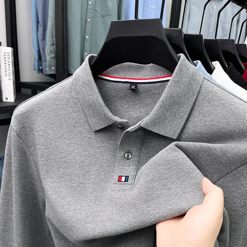 Collar T-shirt for men, long sleeved, autumn, middle-aged, business, pure cotton, casual polo shirt, top for men
