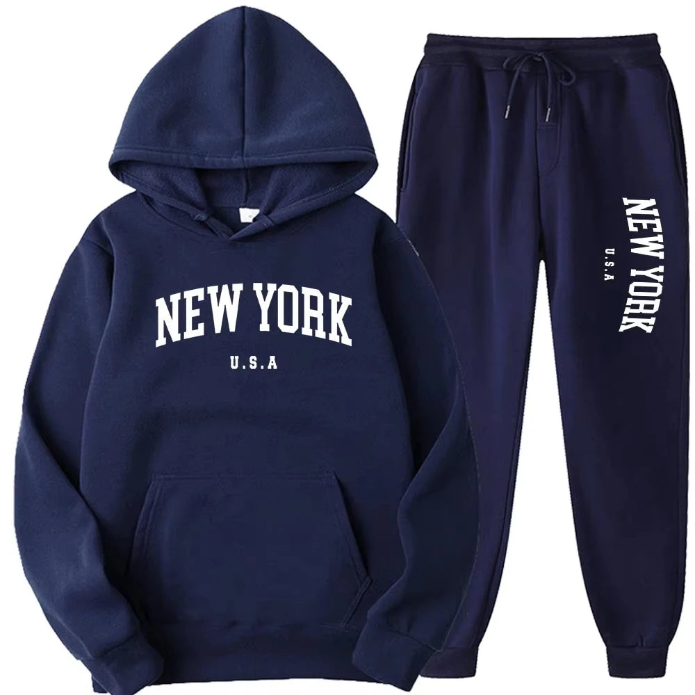 New York Print Hoodies Casual American Style Hoodie Set Mens Autumn Long Sleeves Hooded Loose Pullover Street Sweatshirt