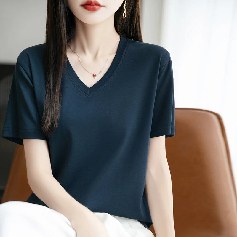 2026 Summer New Pure Cotton V-neck Short-sleeved T-shirt Women's Solid Color Joker Pullover Shirt with Loose Sleeve Bottom Shirt