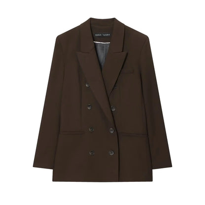 Autumn New Style Women's Suit Jacket with Shoulder Pads Double Row Buttons Pleated Straight Leg Pants Fashionable Two-Piece Set