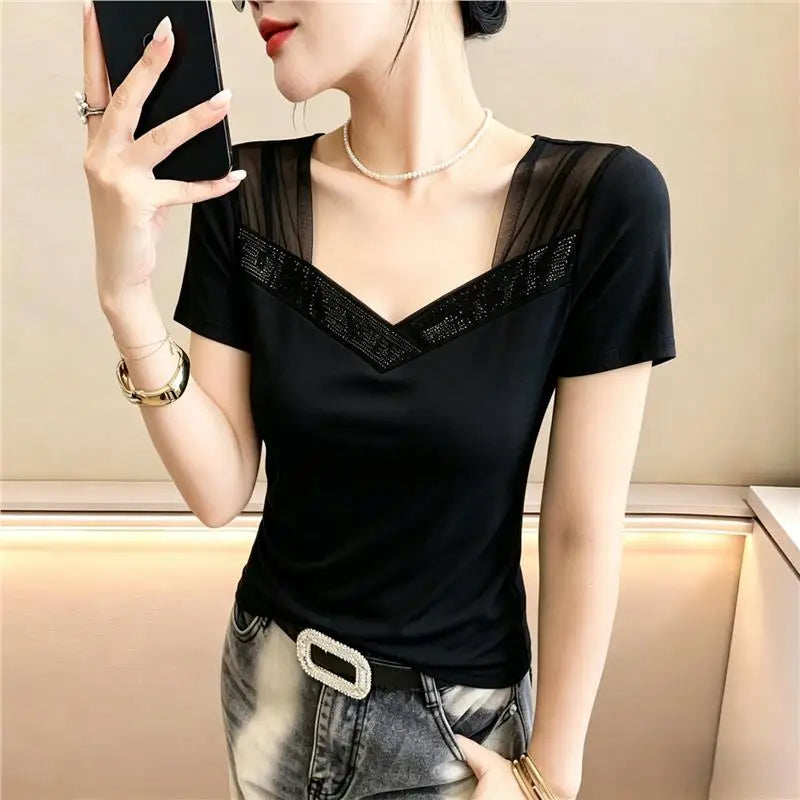 Summer 2026 Women's V-neck T-shirt Mesh Splice Short Sleeve Heavy-duty Rhinestone Slimming Top Korean Style Breathable Cotton