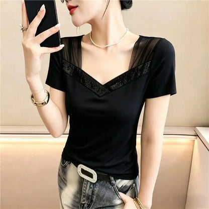 Summer 2026 Women's V-neck T-shirt Mesh Splice Short Sleeve Heavy-duty Rhinestone Slimming Top Korean Style Breathable Cotton