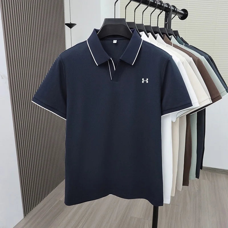 New Summer Men Striped Trim Collar Polo Shirt, Solid Quick Dry Breathable Plain Short Sleeve Top Mens Apparel