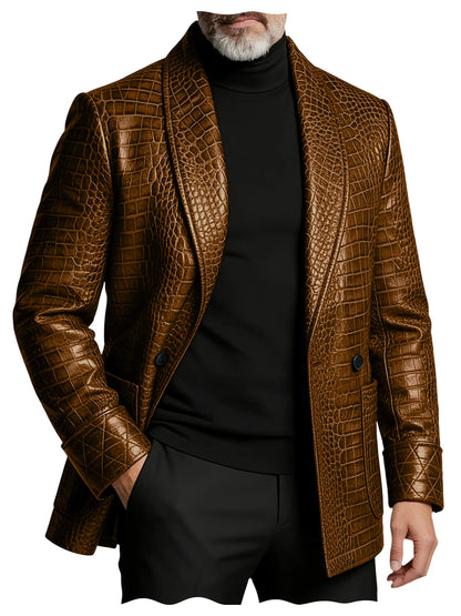 Men's Crocodile Embossed Leather Blazer Double Breasted Business Casual Brown Jacket Office Wear Formal Plus Size  Suit Coat