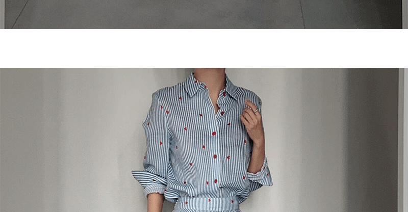 Blue Striped Linen Set Women's Long Sleeve Heart Print Blouse Half Skirt Two Piece Set Summer Fashion Ensemble for Young Women