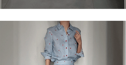 Blue Striped Linen Set Women's Long Sleeve Heart Print Blouse Half Skirt Two Piece Set Summer Fashion Ensemble for Young Women
