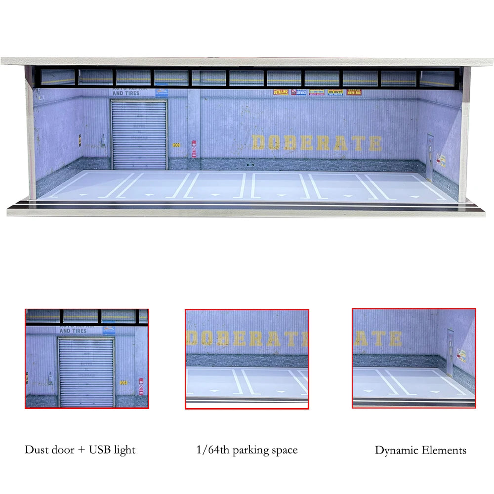 1/64 Scale Diecast Car Garage Diorama Model Miniature Case LED Light Parking Garage Diorama Kit for Collectible Cars Model