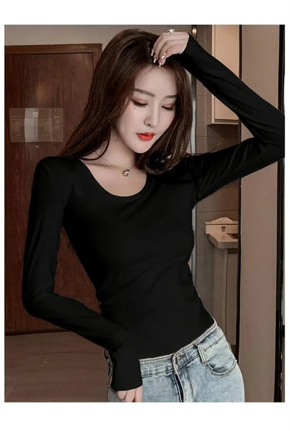 Women's Slim Fit Long Sleeve round Neck T-Shirt Base Layer Shirt Inner And Outer Wear Autumn Style Commute Korean Version