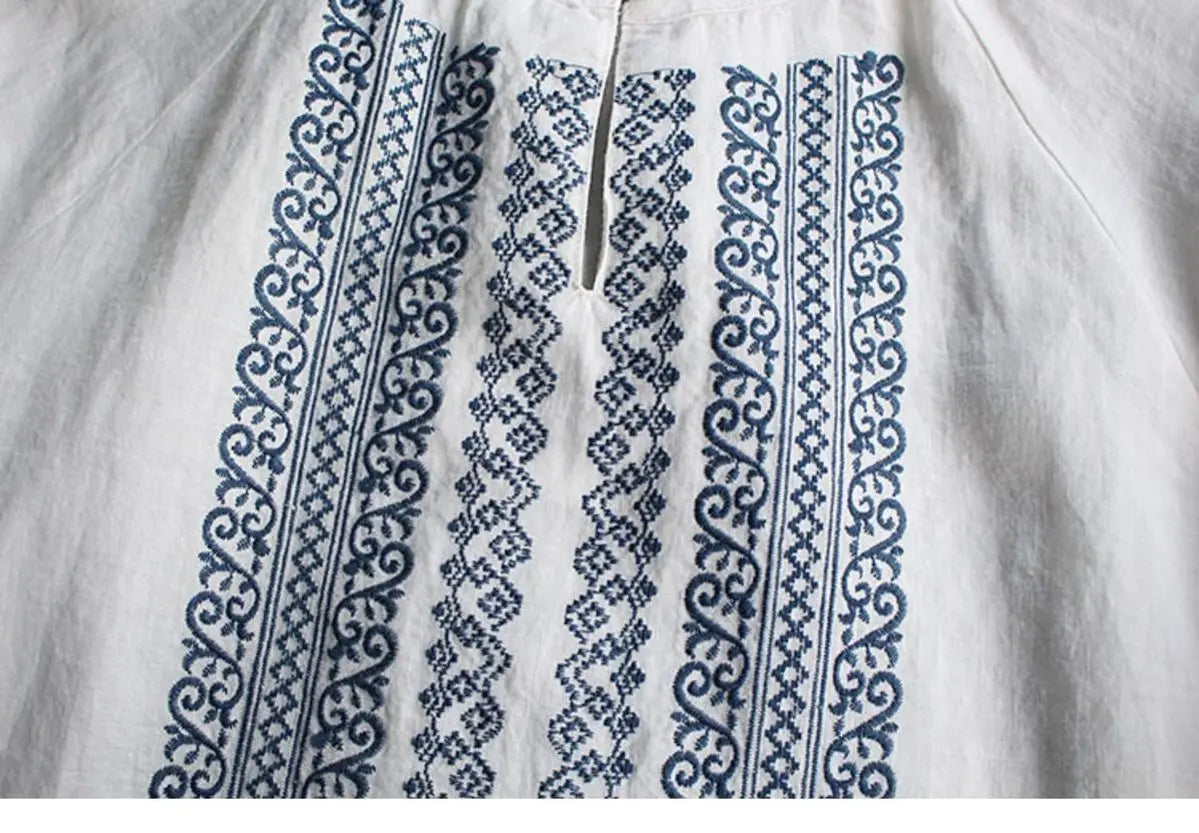 Retro Embroidered Cotton Linen Long Sleeve Women's Shirt Thin Top Large Size Cotton Linen Long Sleeve T-Shirt Commute Wear