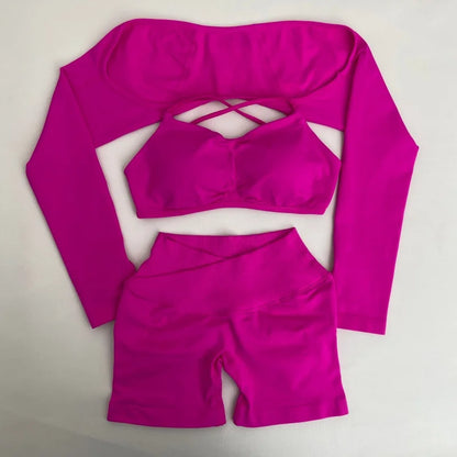 3 Pieces Women's High Stretch Gym Sportswear Shrug Sports Bra Shorts Set Comfortable Workout Yoga Active Wear Outfit