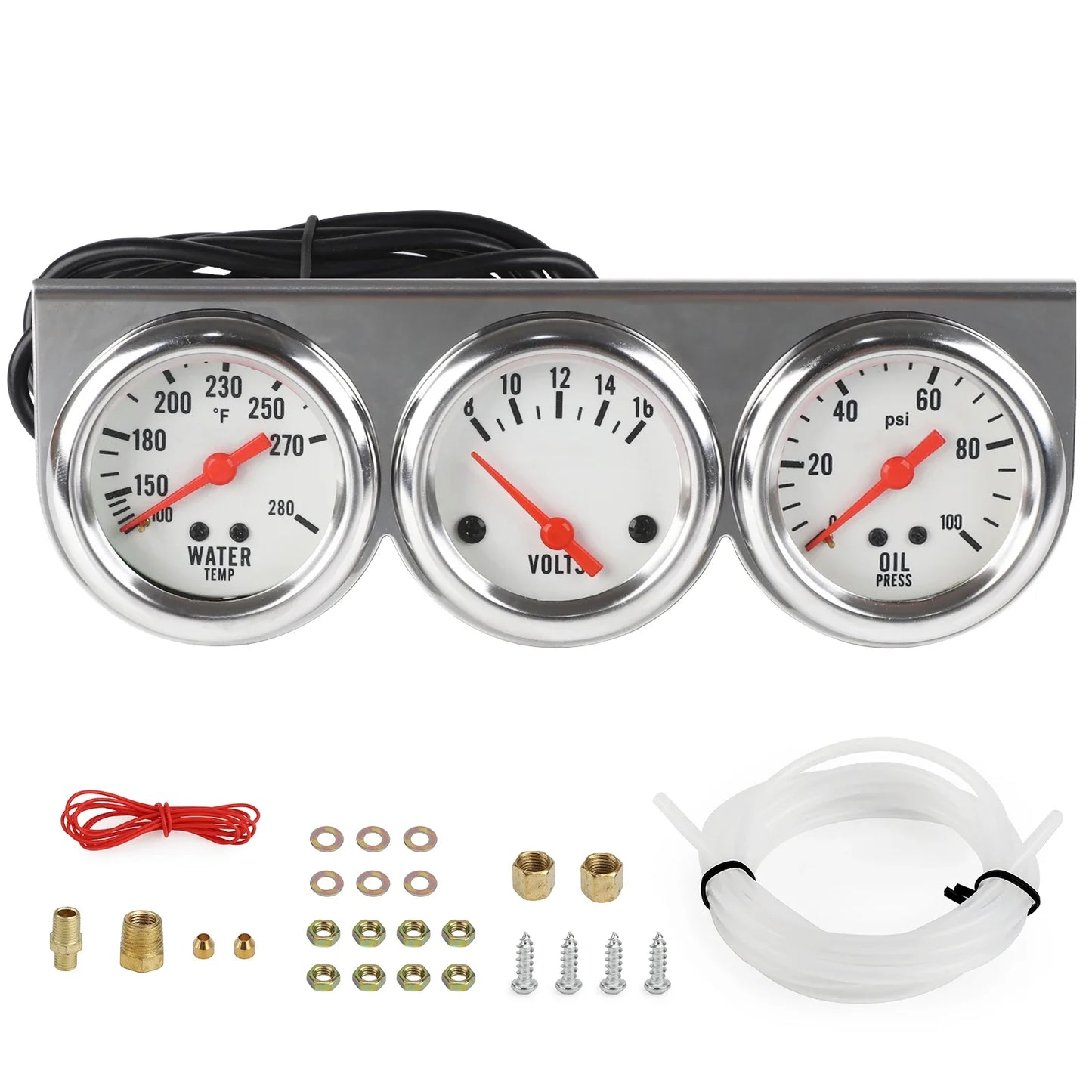 2" 52mm Chrome Panel Oil Pressure Water Temp Amps Triple Gauge Set Black white Face Volt meter