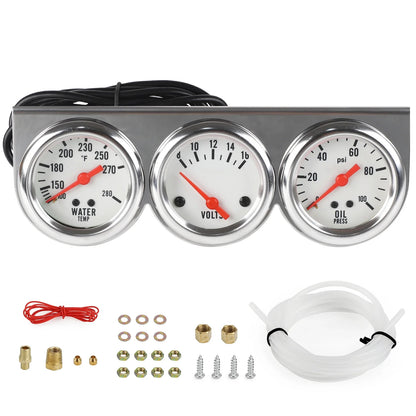 2" 52mm Chrome Panel Oil Pressure Water Temp Amps Triple Gauge Set Black white Face Volt meter
