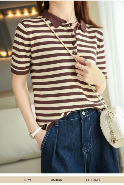 Women's Summer Cotton Yarn Knit Top, Polo Collar Striped Print Slim Fit Short Sleeve Pullover, Elegant Casual Wear