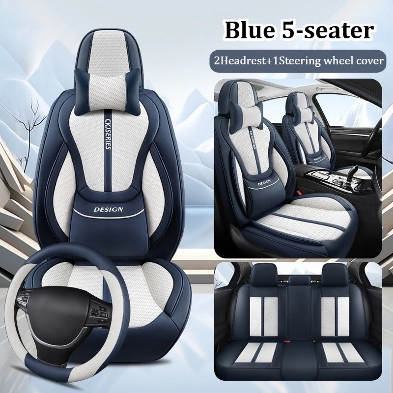 Premium PU Leather Auto Seat Covers Set with Built-in Lumbar Support +2 Headrest Covers +1 Steering Wheel Cover Comfortable