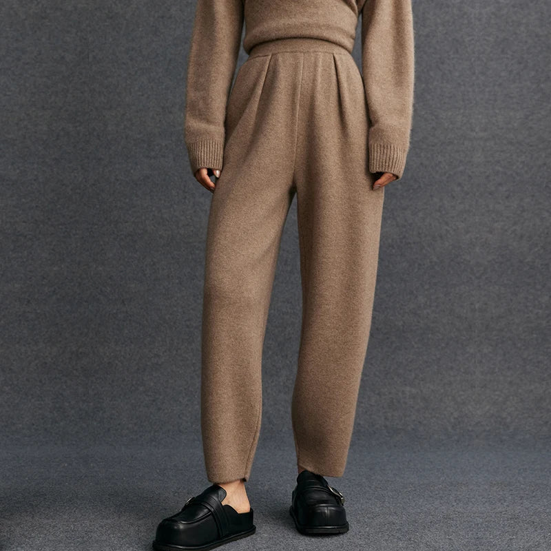 Women's 100% Cashmere Casual Solid Color Knitted Jogging Pants Elastic Waist Sports Pants with Pocket Thickened Warm