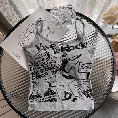 Sexy Y2K Spicy Girl  Strap Vest Women Summer American Short Print Sleeveless Top Inner Wear Commute Style Slim Fit