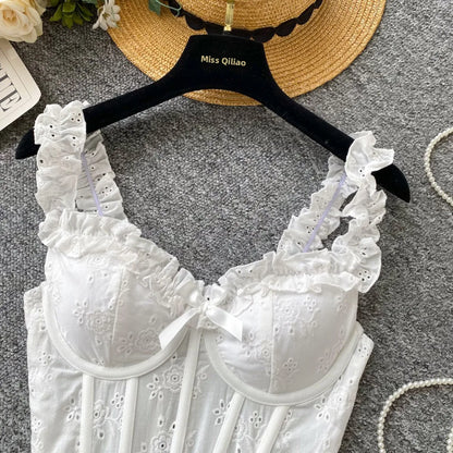 Sweet Heavy Embroidery Hollow out Strap Vest Women Summer Pure Desire Spicy Fibone Slimming Top Women's Faion Outfit